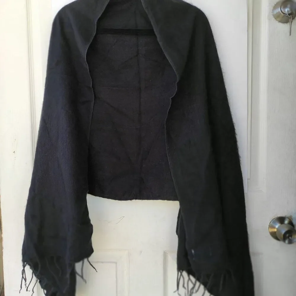 Handmade Oversized Black Wool Wrap | Artisan Made in Nepal | 86” x 28”